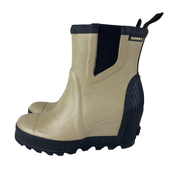 Sorel Joan Womens Sz 7.5 Tan Rain Wedge Lined Rubber Boot Waterproof - Picture 1 of 10